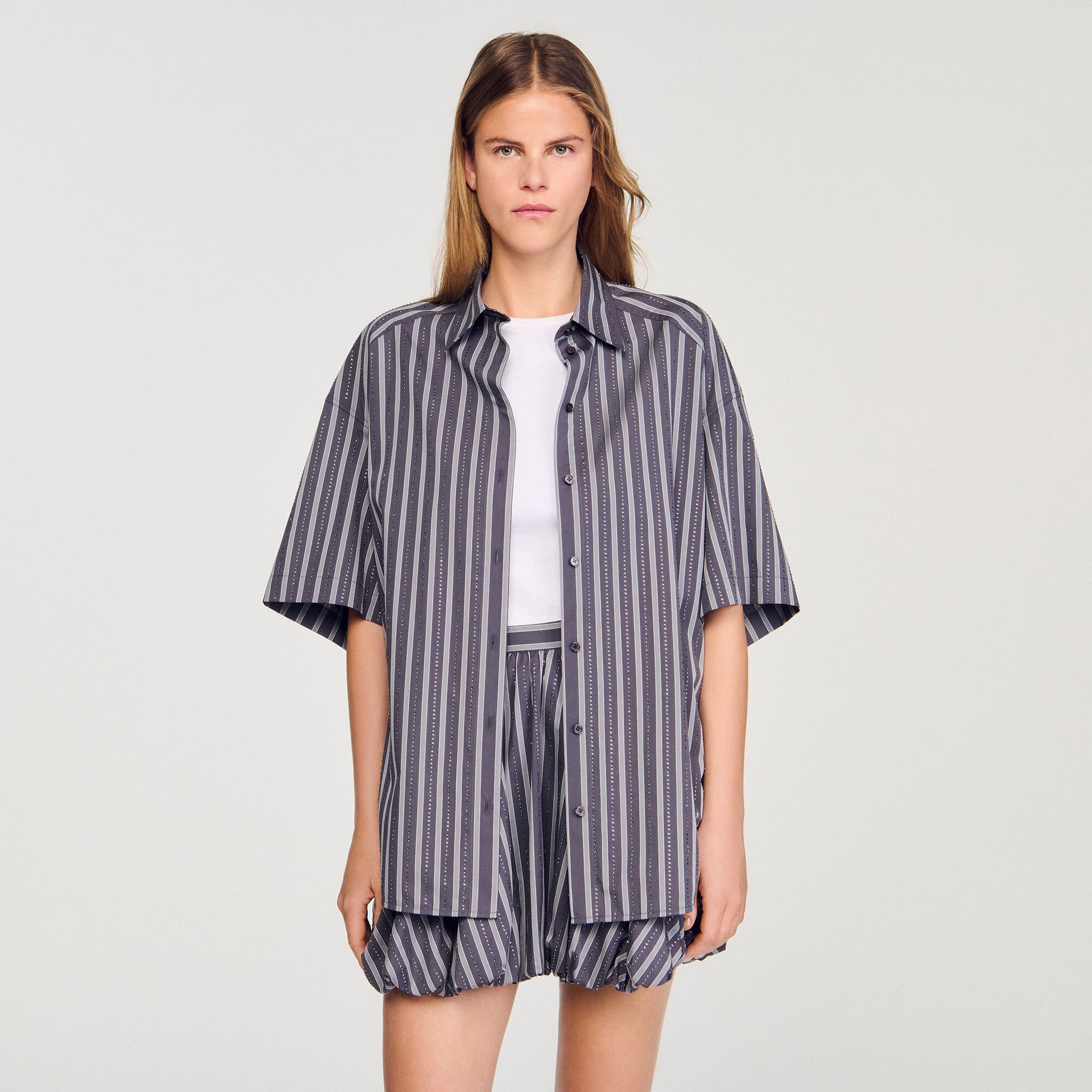 Sandro Oversized striped rhinestone shirt Grey