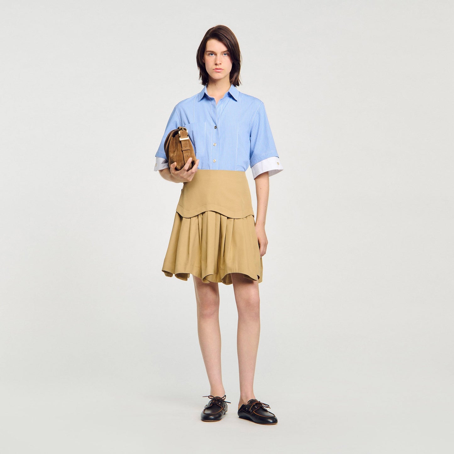 Sandro Cropped small-check shirt Ciel / Blanc