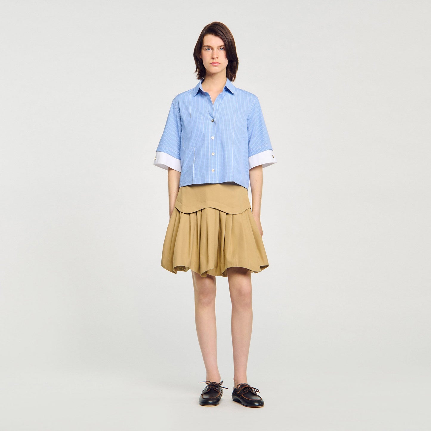 Sandro Cropped small-check shirt Ciel / Blanc