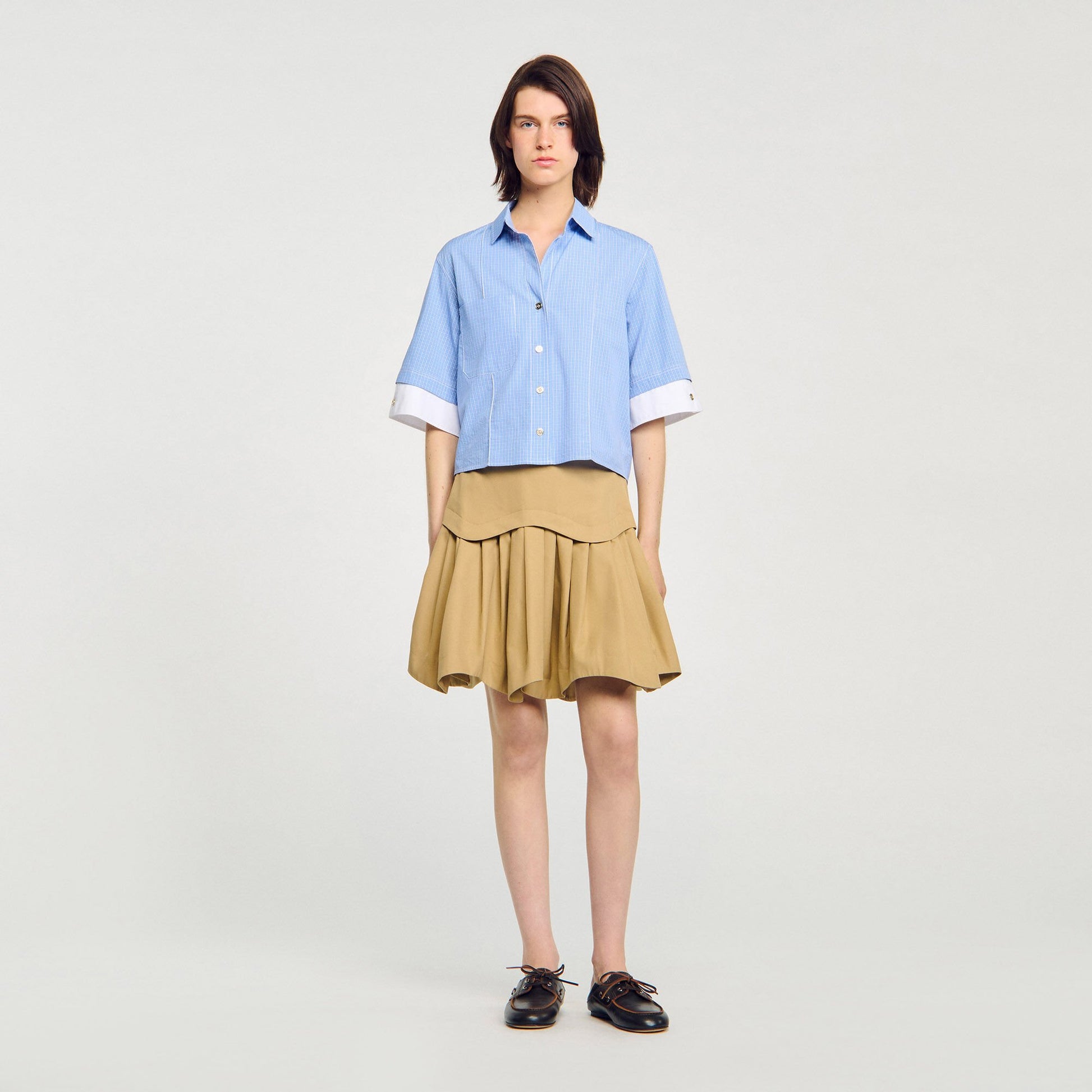 Sandro Cropped small-check shirt Ciel / Blanc