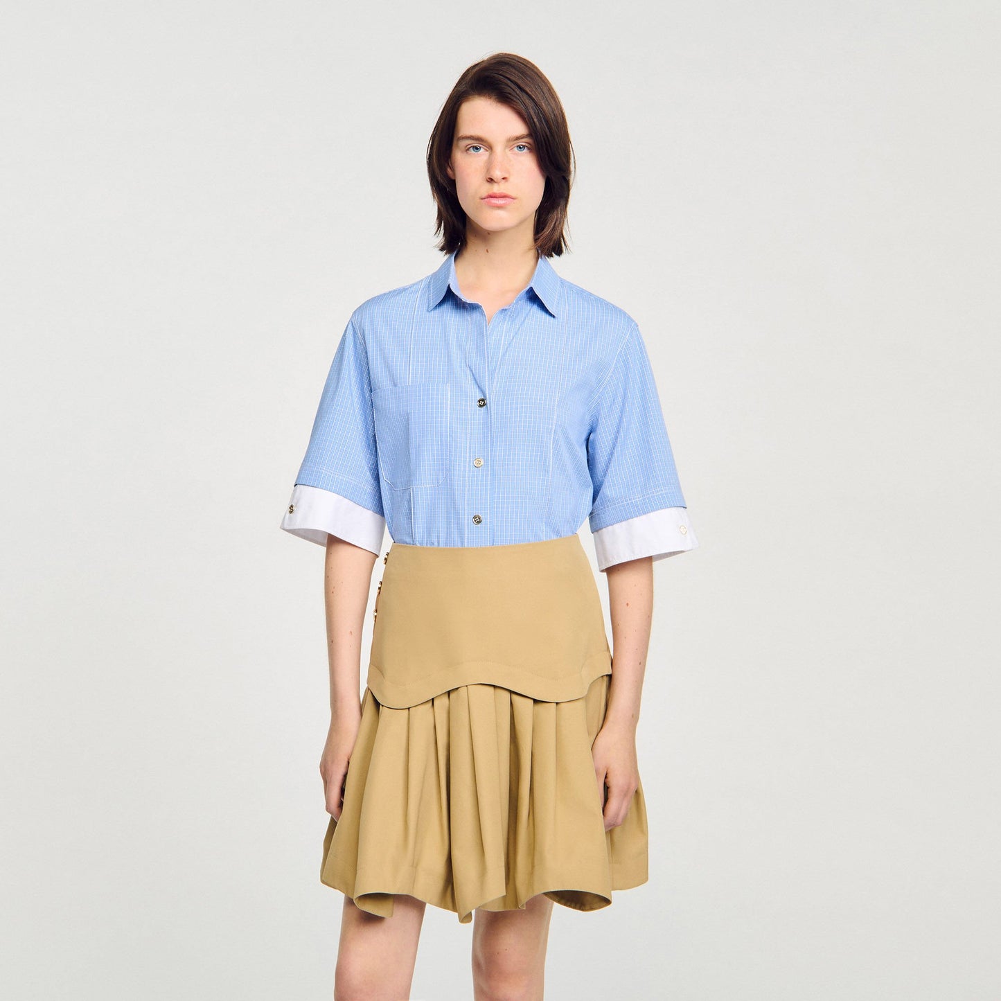 Sandro Cropped small-check shirt Ciel / Blanc