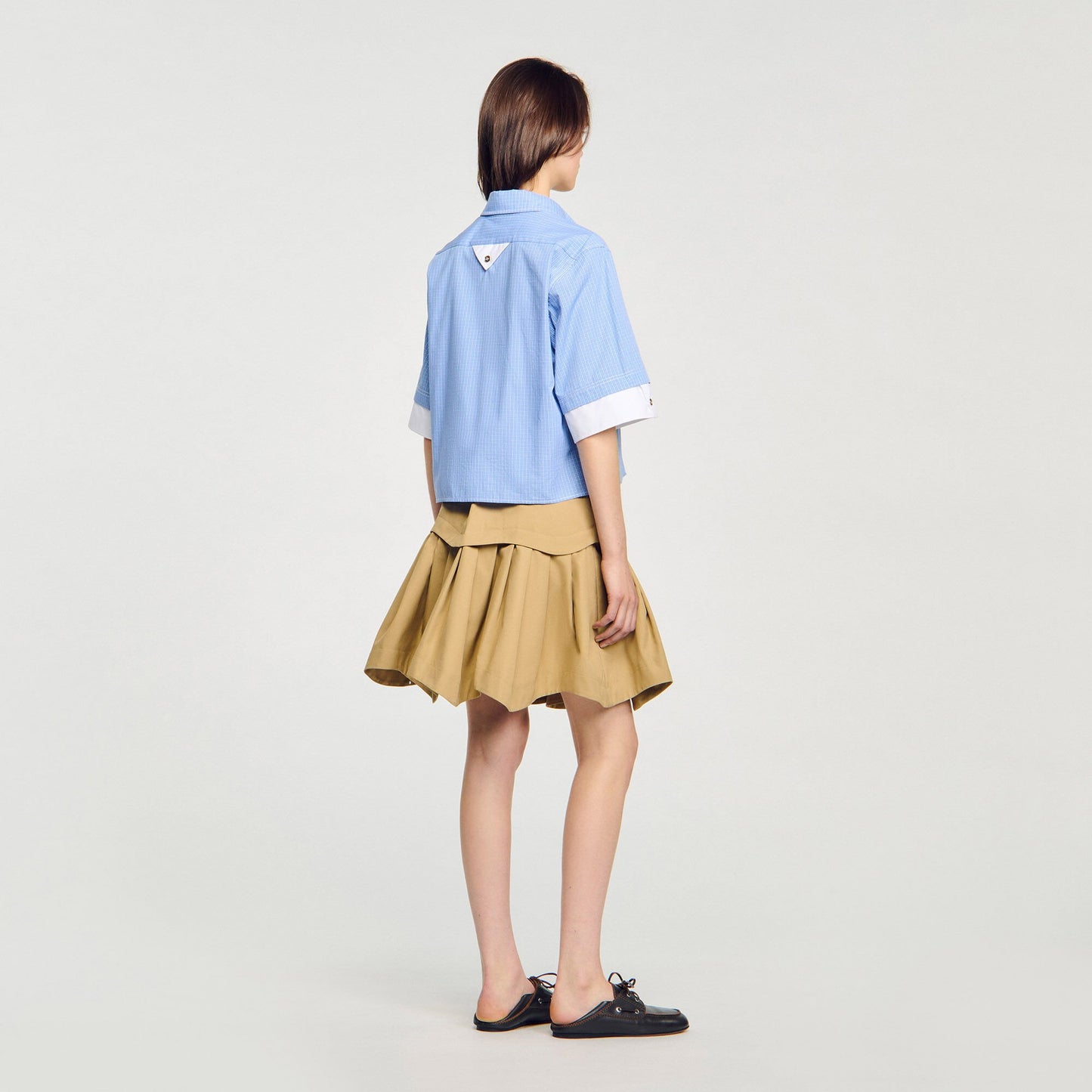 Sandro Cropped small-check shirt Ciel / Blanc