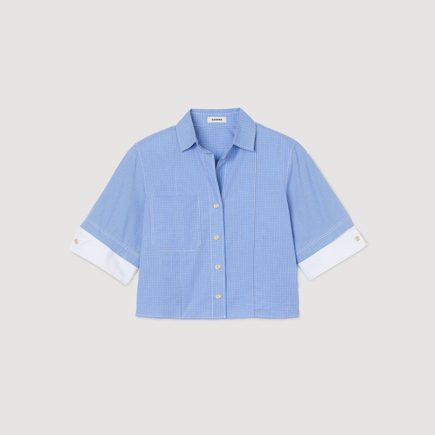 Sandro Cropped small-check shirt Ciel / Blanc
