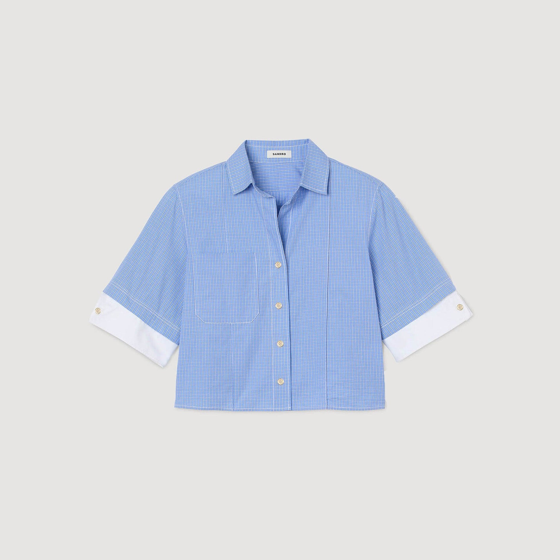 Sandro Cropped small-check shirt Ciel / Blanc