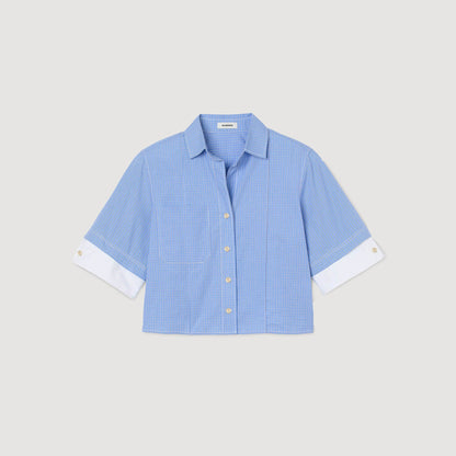Sandro Cropped small-check shirt Ciel / Blanc