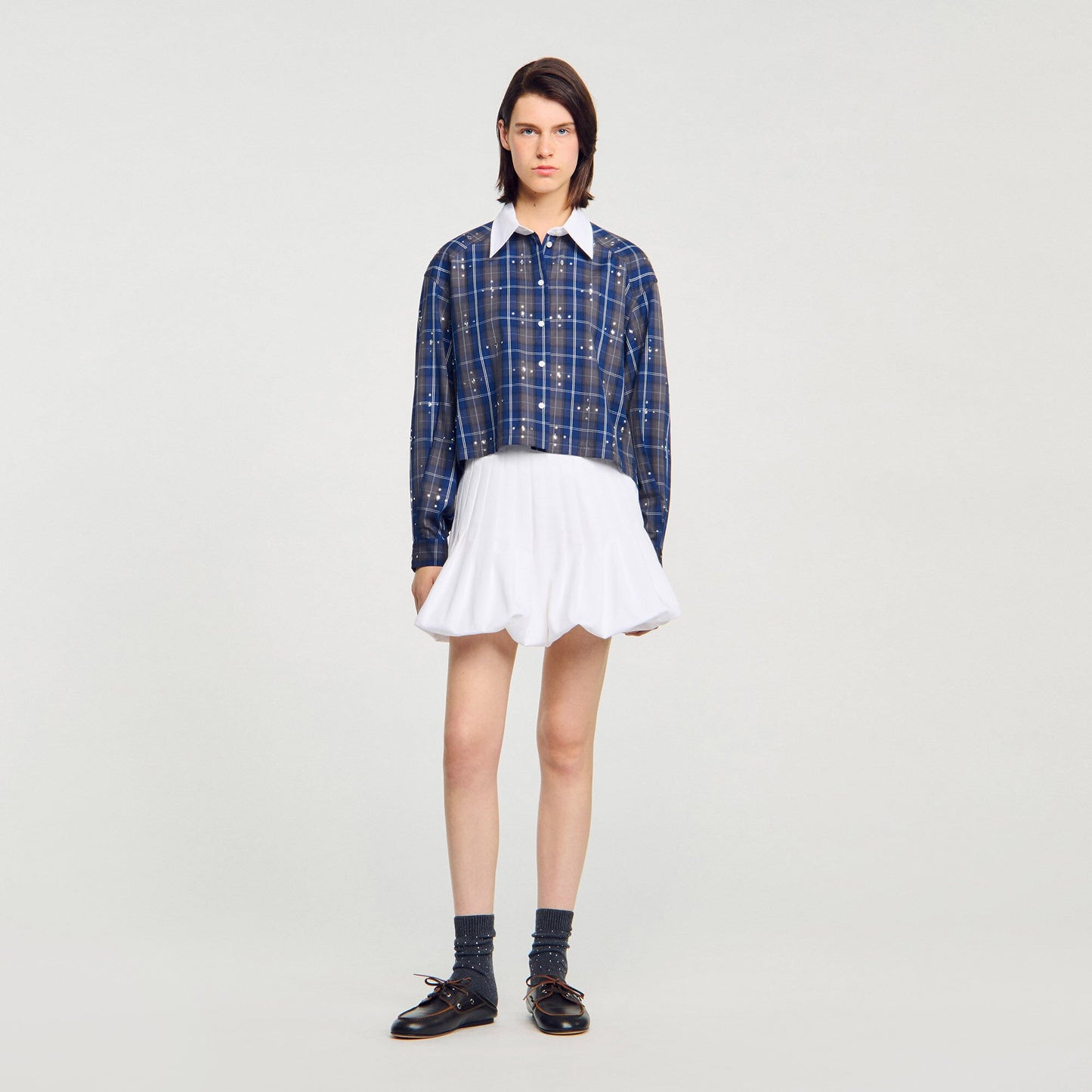 Sandro Rhinestone checkered collar shirt Blue