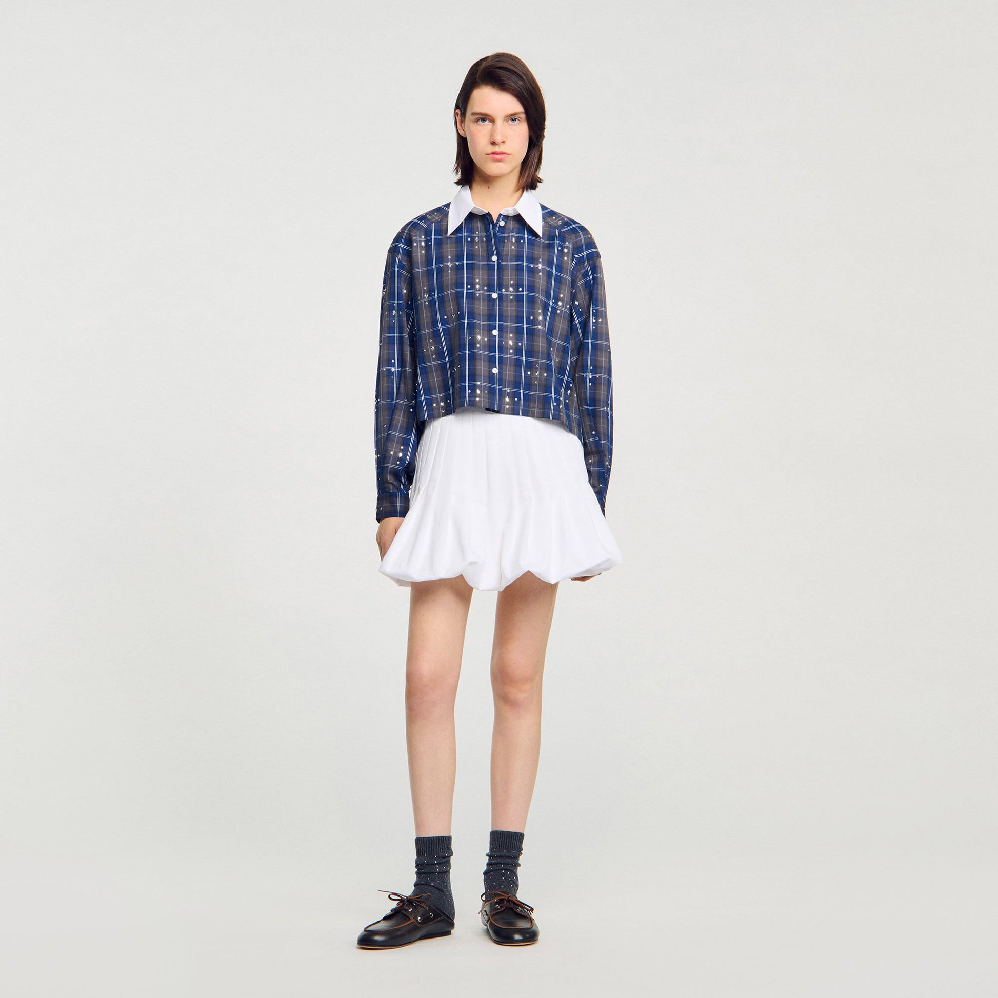 Sandro Rhinestone checkered collar shirt Blue
