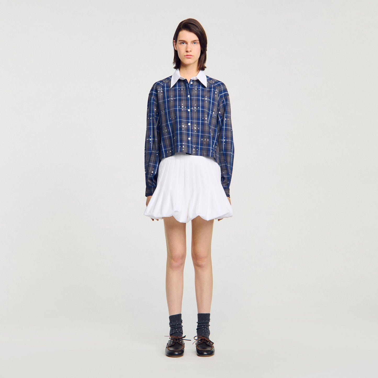 Sandro Rhinestone checkered collar shirt Blue