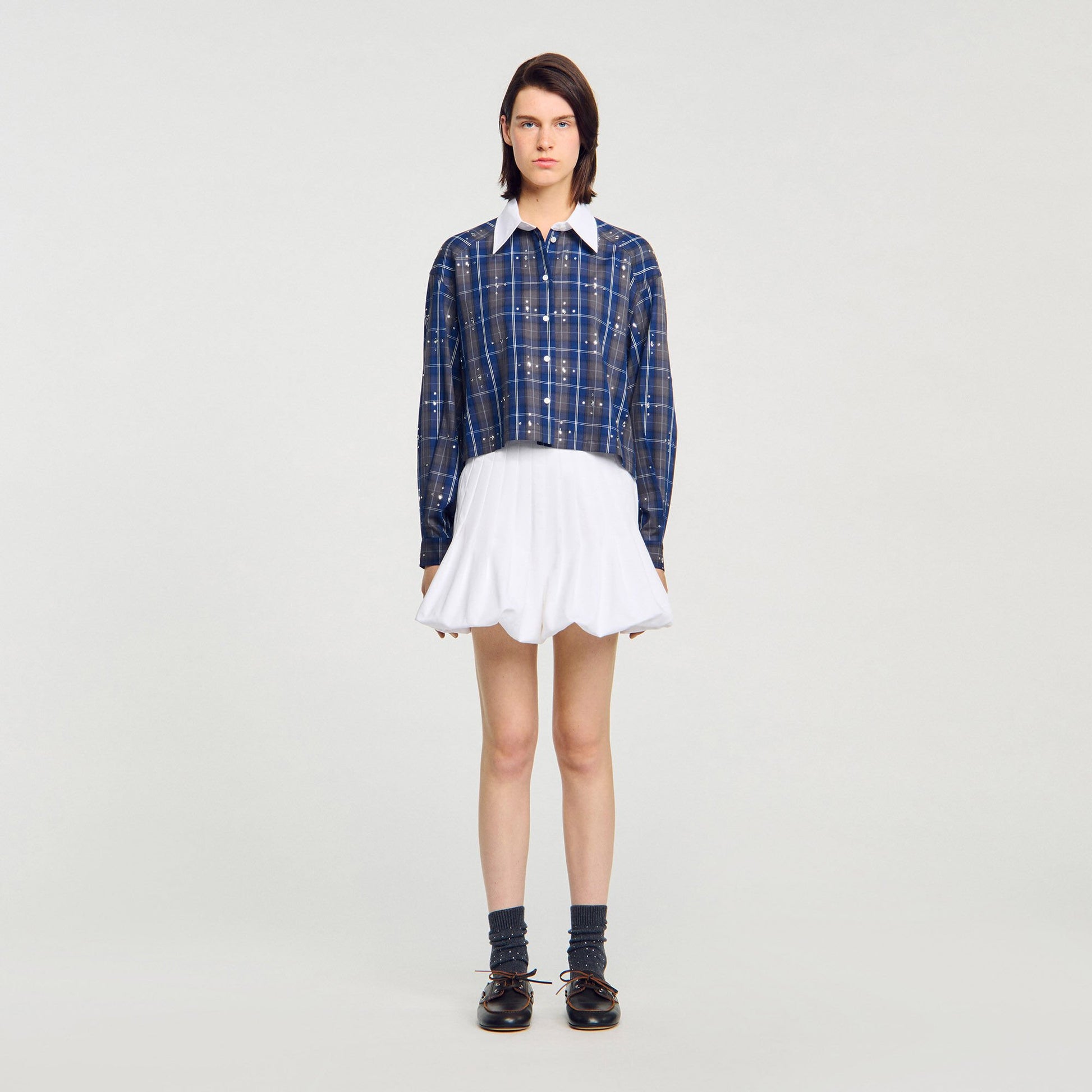 Sandro Rhinestone checkered collar shirt Blue