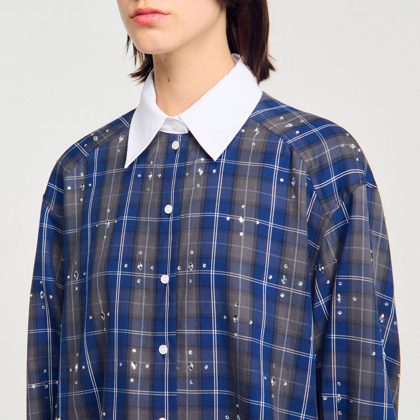 Sandro Rhinestone checkered collar shirt Blue