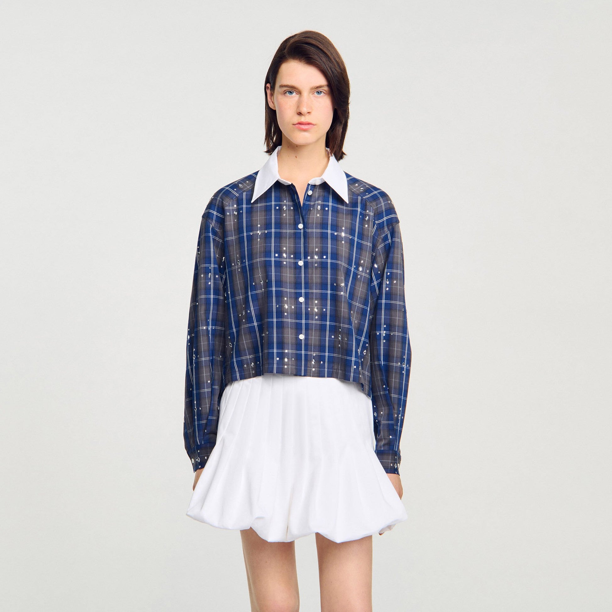 Sandro Rhinestone checkered collar shirt Blue
