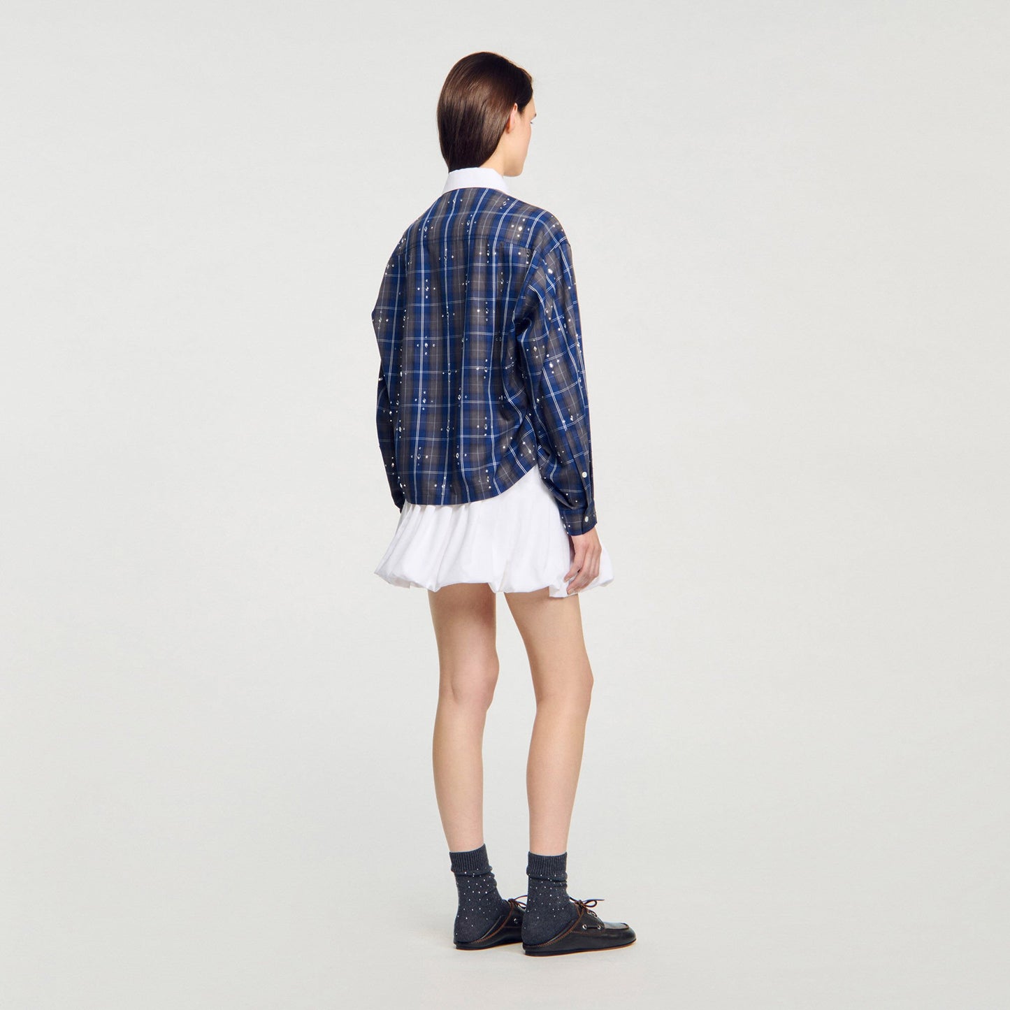 Sandro Rhinestone checkered collar shirt Blue