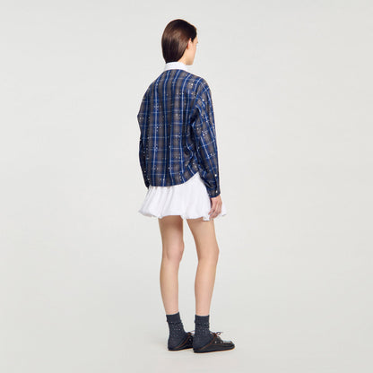 Sandro Rhinestone checkered collar shirt Blue