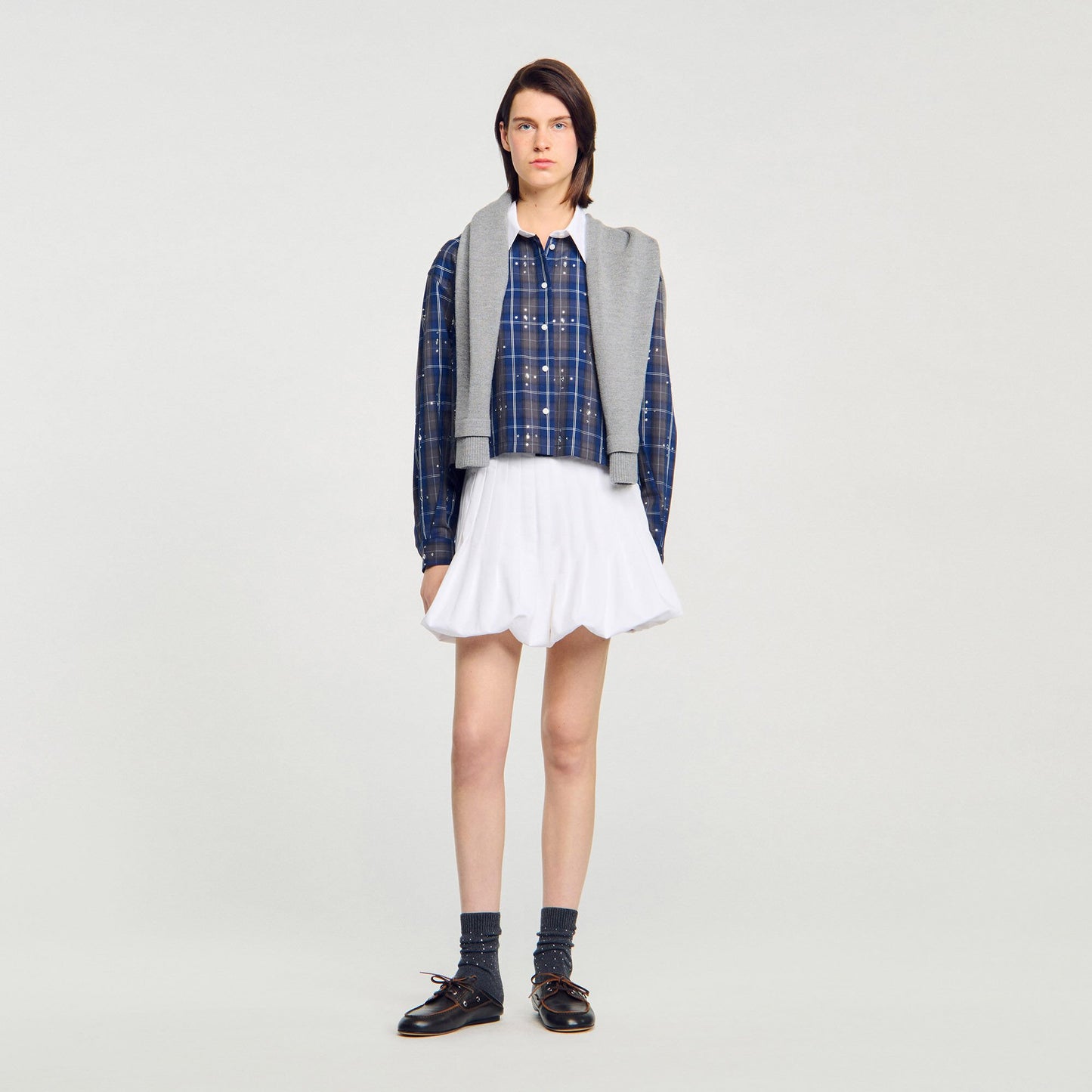 Sandro Rhinestone checkered collar shirt Blue