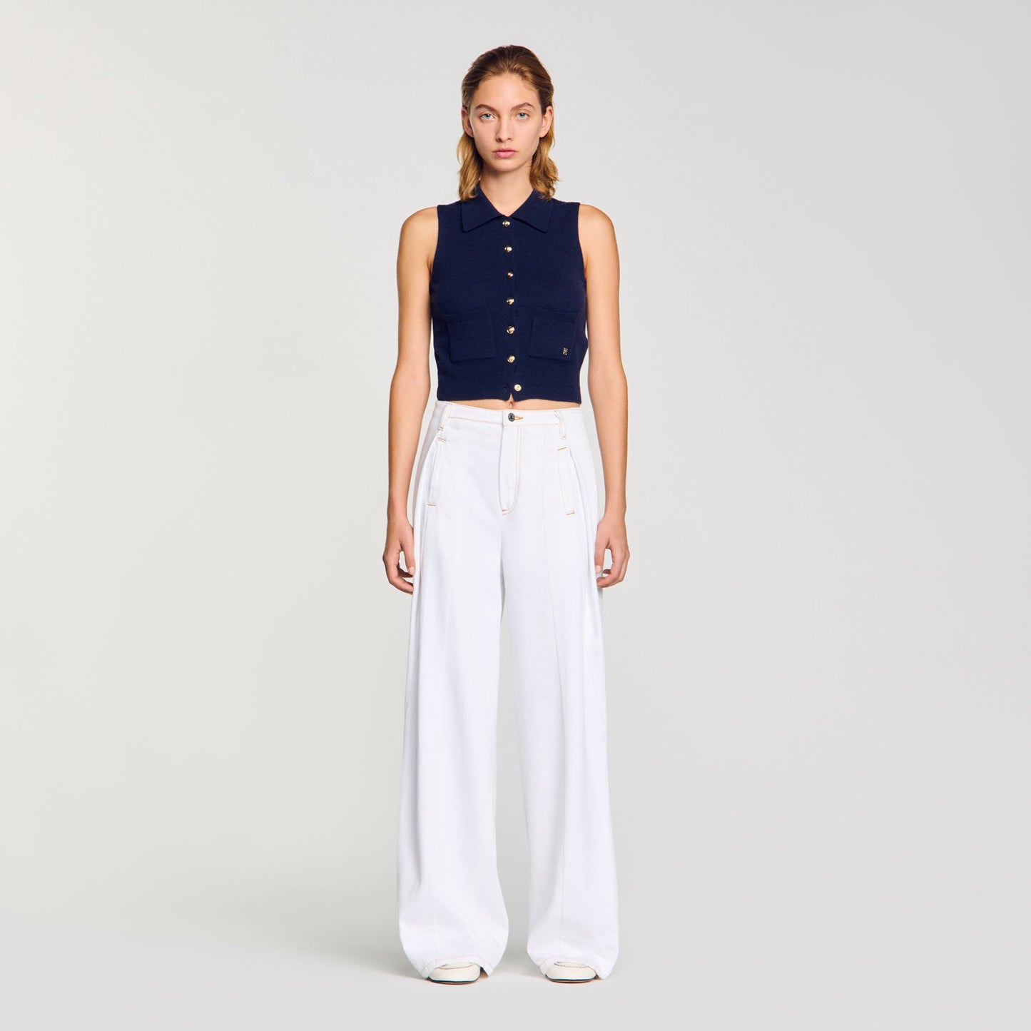 Sandro Topstitched wide-leg jeans White