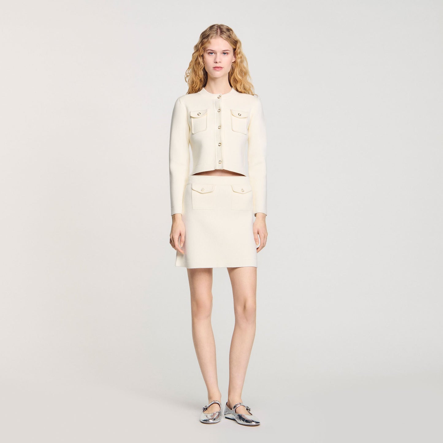 Sandro Mini rib-knit skirt Ecru
