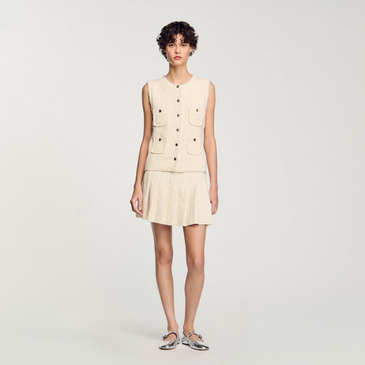 Sandro Mini tweed pleated skirt Ecru