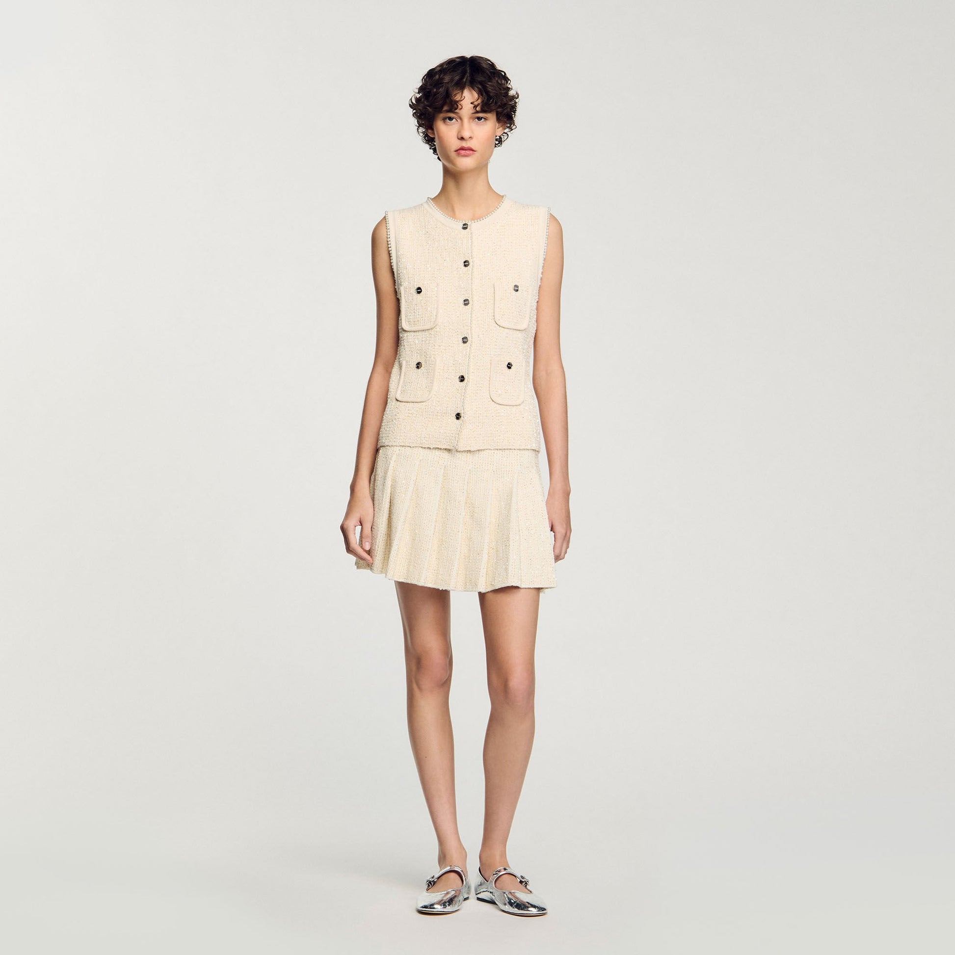 Sandro Mini tweed pleated skirt Ecru