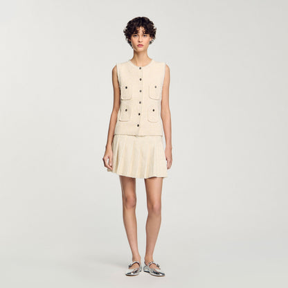 Sandro Mini tweed pleated skirt Ecru