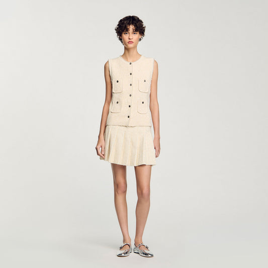 Sandro Mini tweed pleated skirt Ecru