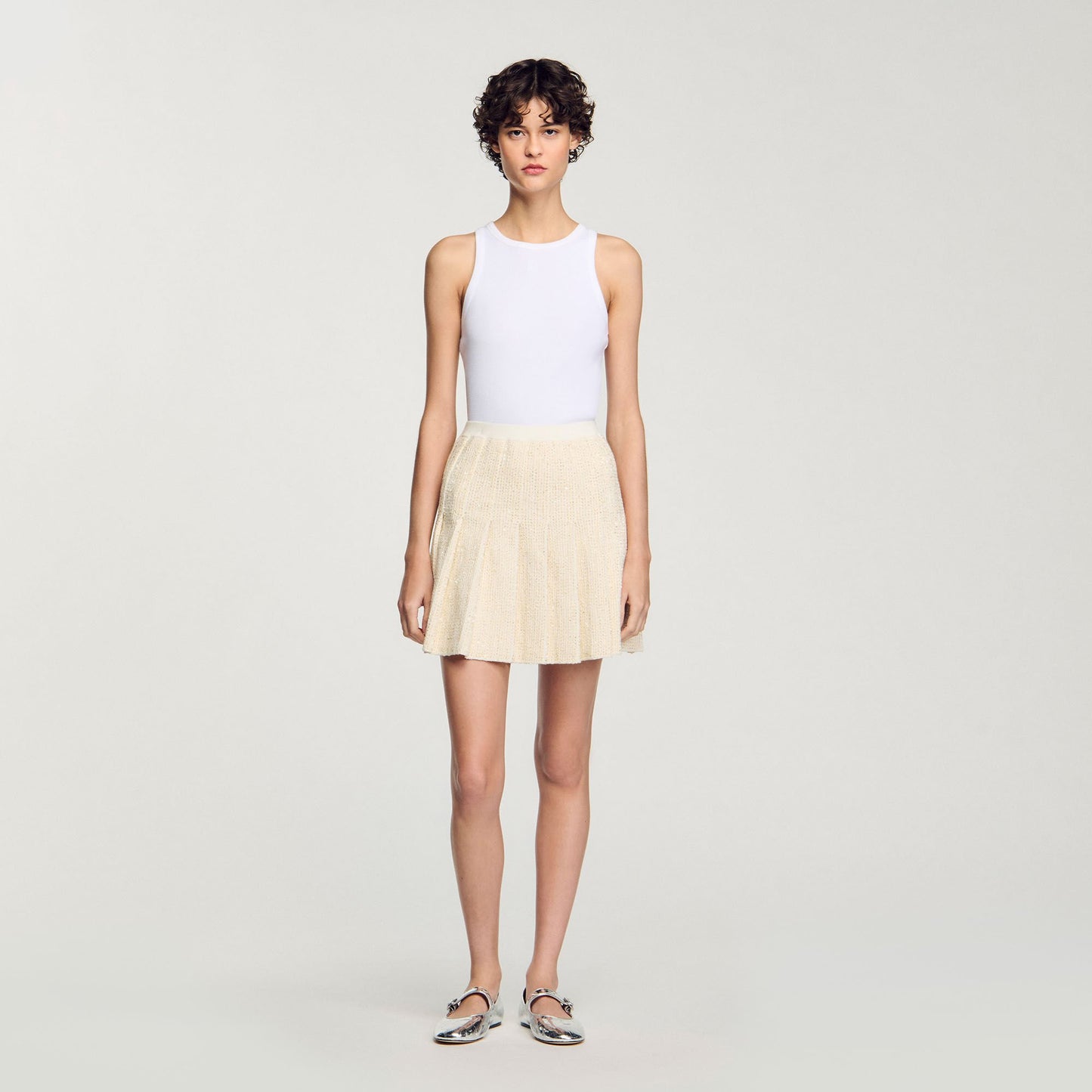Sandro Mini tweed pleated skirt Ecru