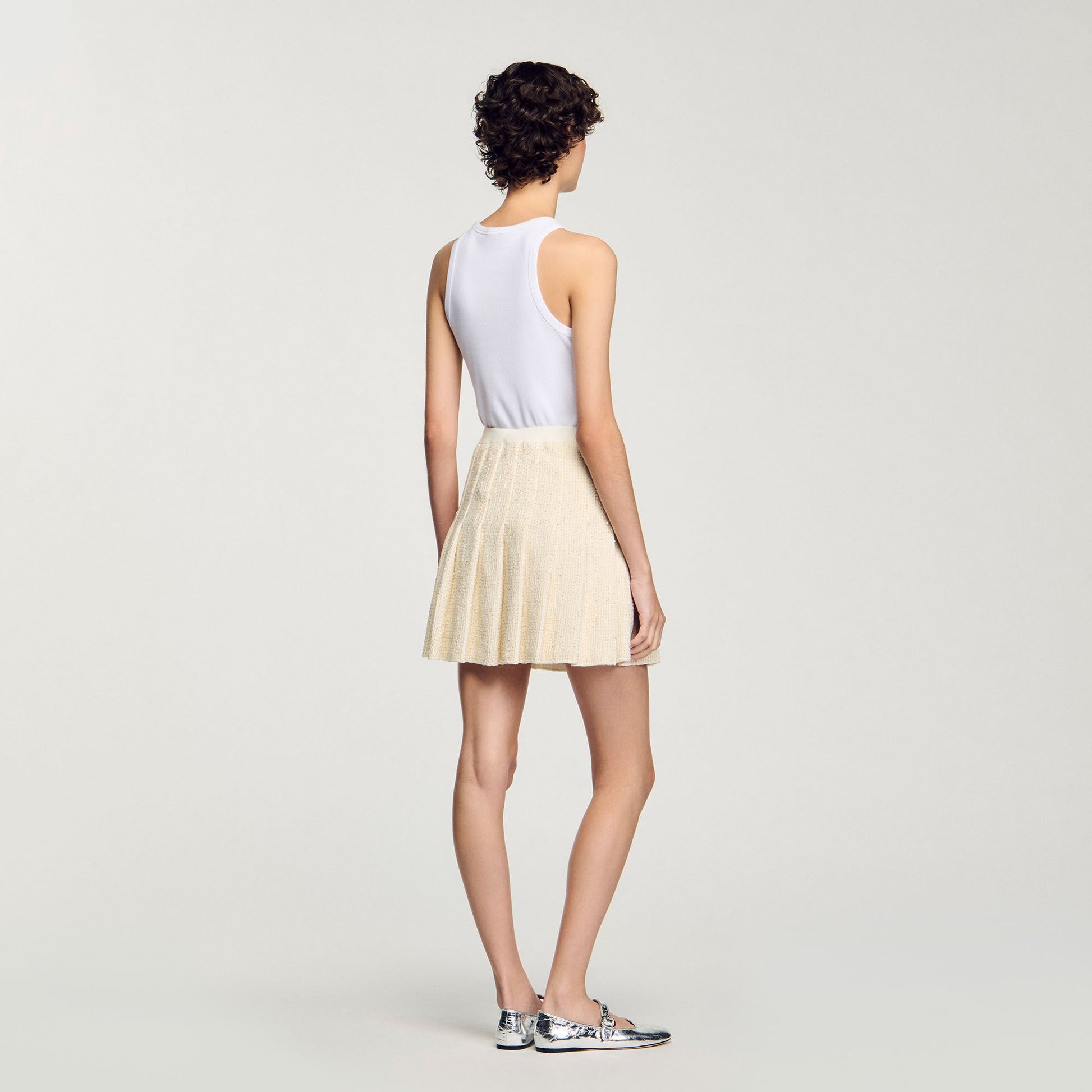 Sandro Mini tweed pleated skirt Ecru