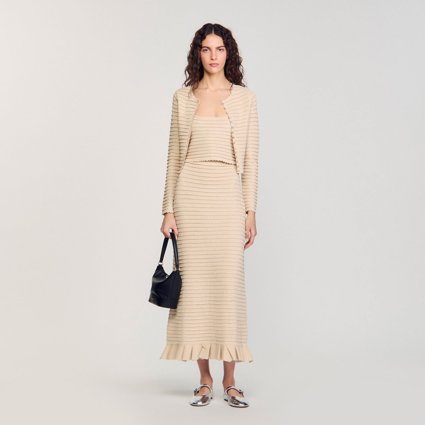Sandro Rhinestone knit maxi skirt Beige