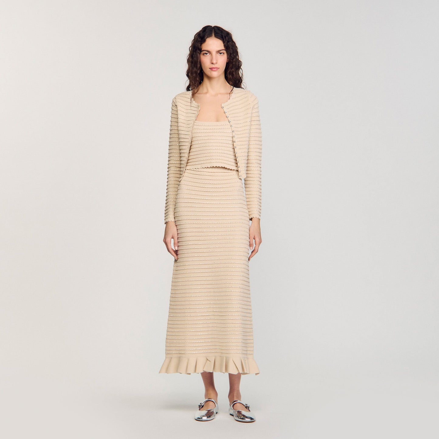 Sandro Rhinestone knit maxi skirt Beige