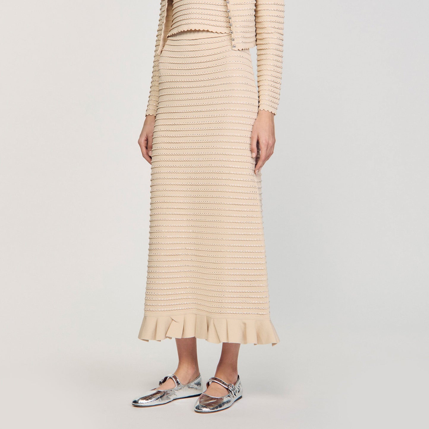 Sandro Rhinestone knit maxi skirt Beige