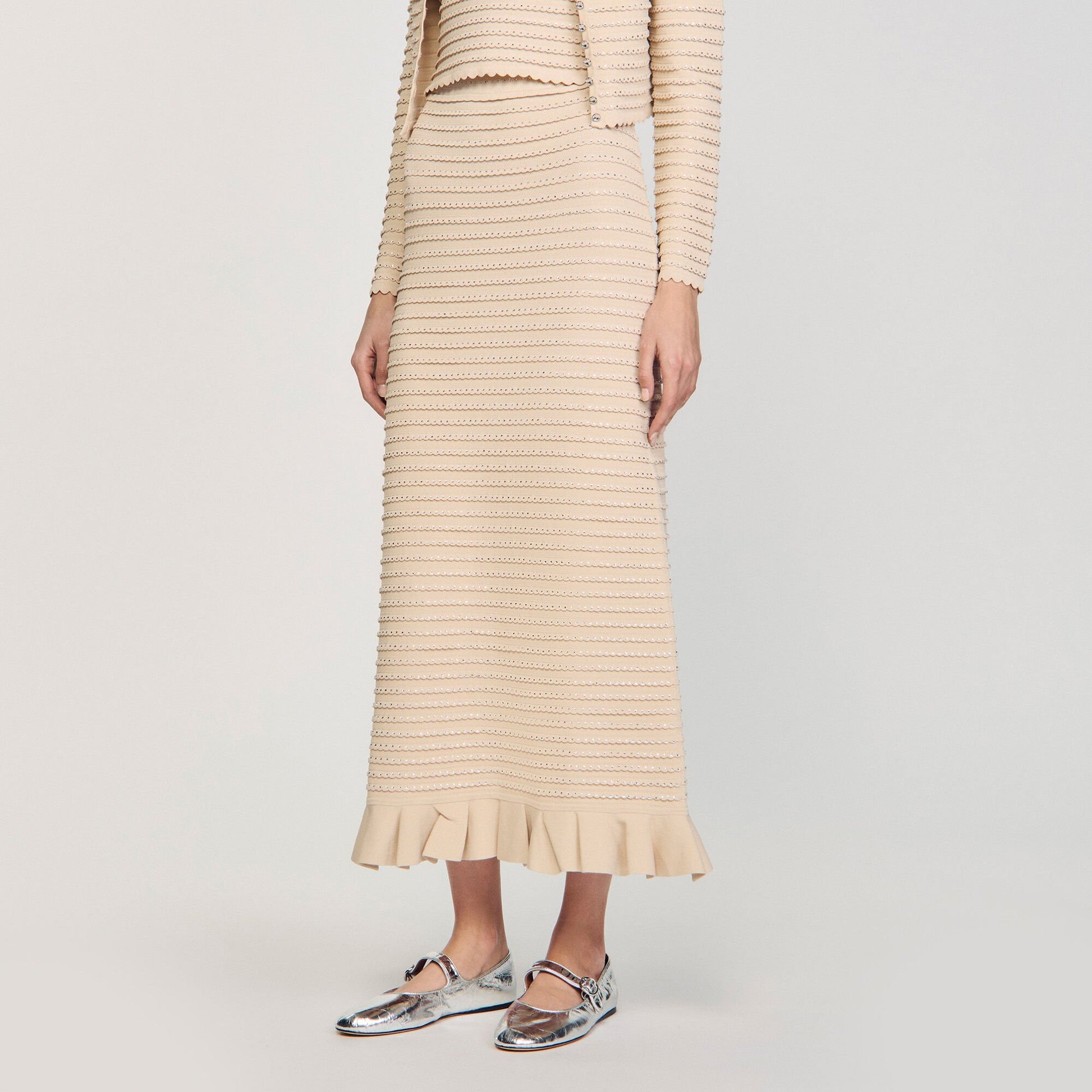 Sandro Rhinestone knit maxi skirt Beige