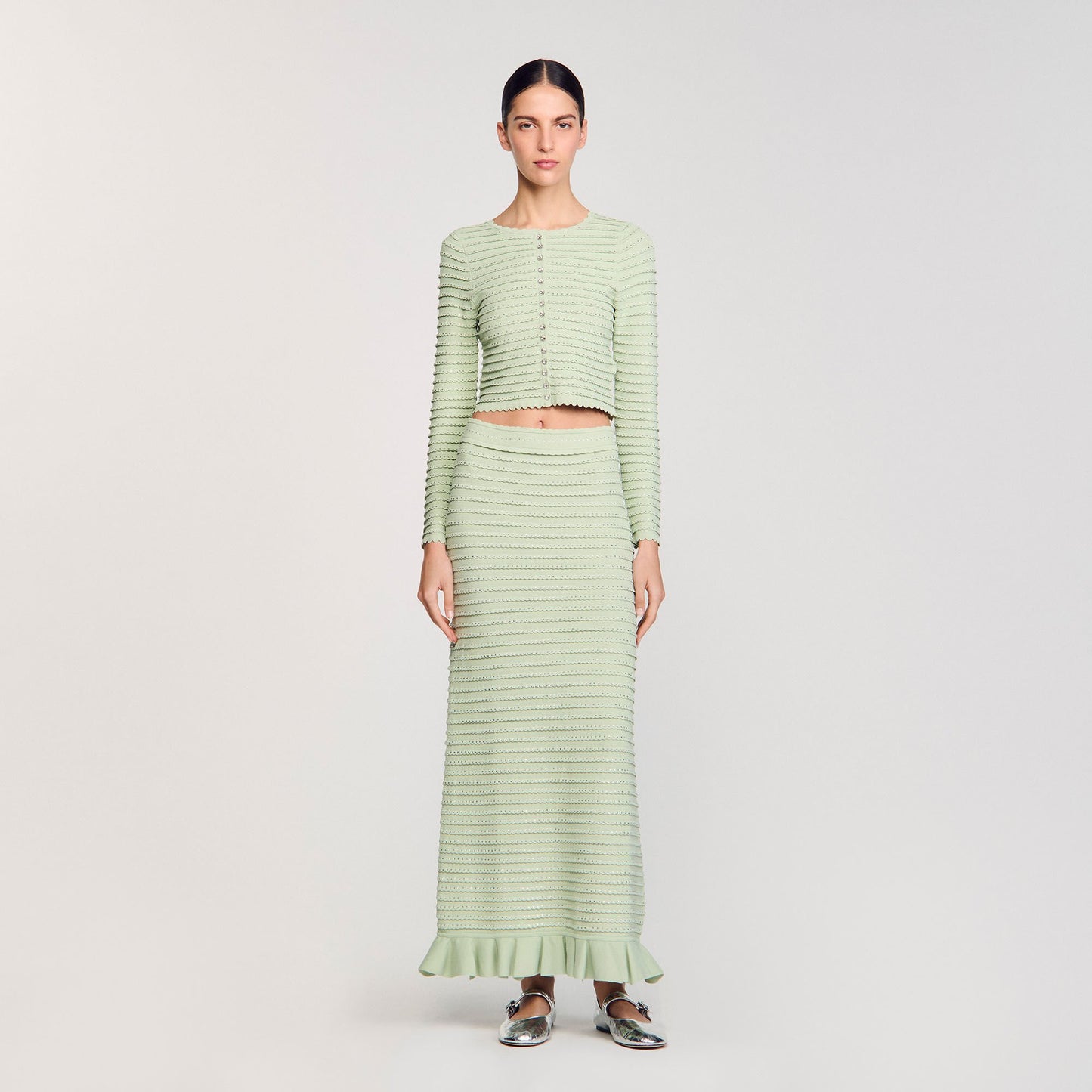 Sandro Rhinestone knit maxi skirt Almond Green