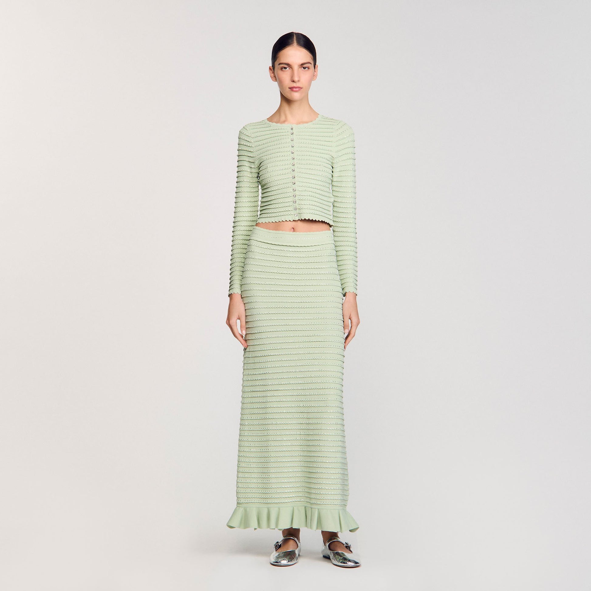 Sandro Rhinestone knit maxi skirt Almond Green