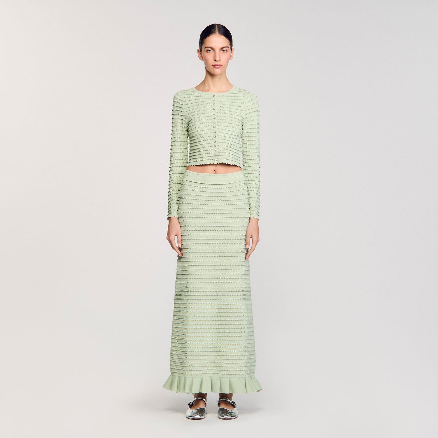 Sandro Rhinestone knit maxi skirt Almond Green