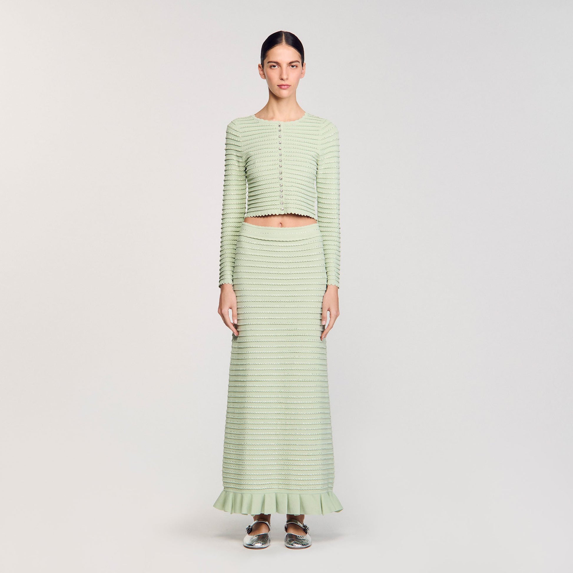 Sandro Rhinestone knit maxi skirt Almond Green