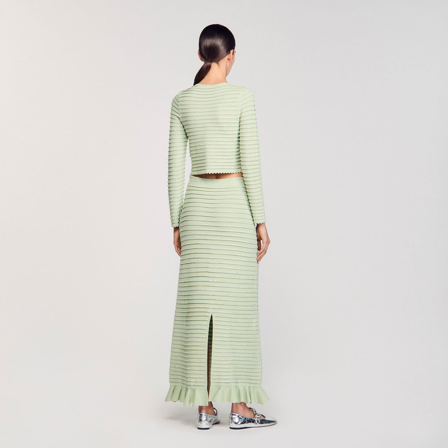 Sandro Rhinestone knit maxi skirt Almond Green