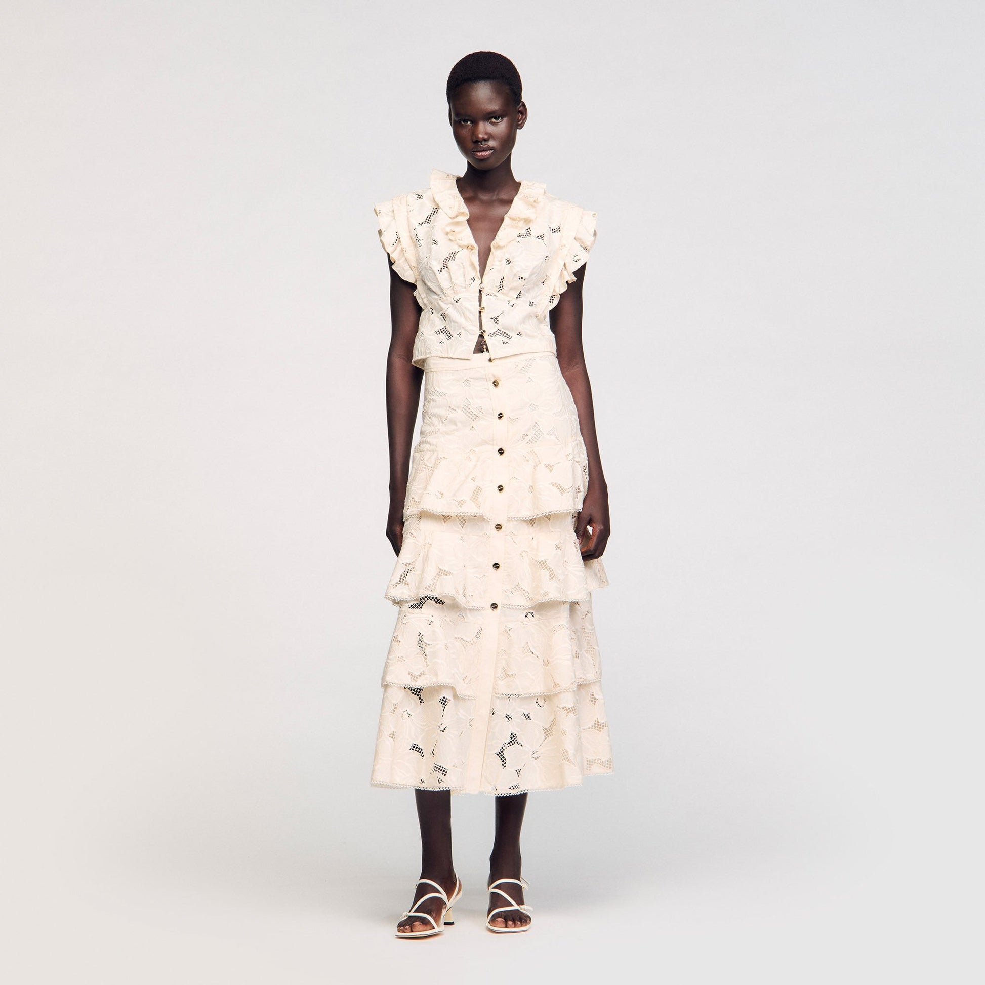 Sandro Maxi frilled skirt Ecru