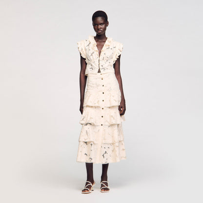 Sandro Maxi frilled skirt Ecru