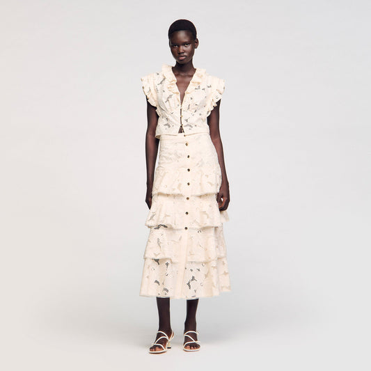 Sandro Maxi frilled skirt Ecru
