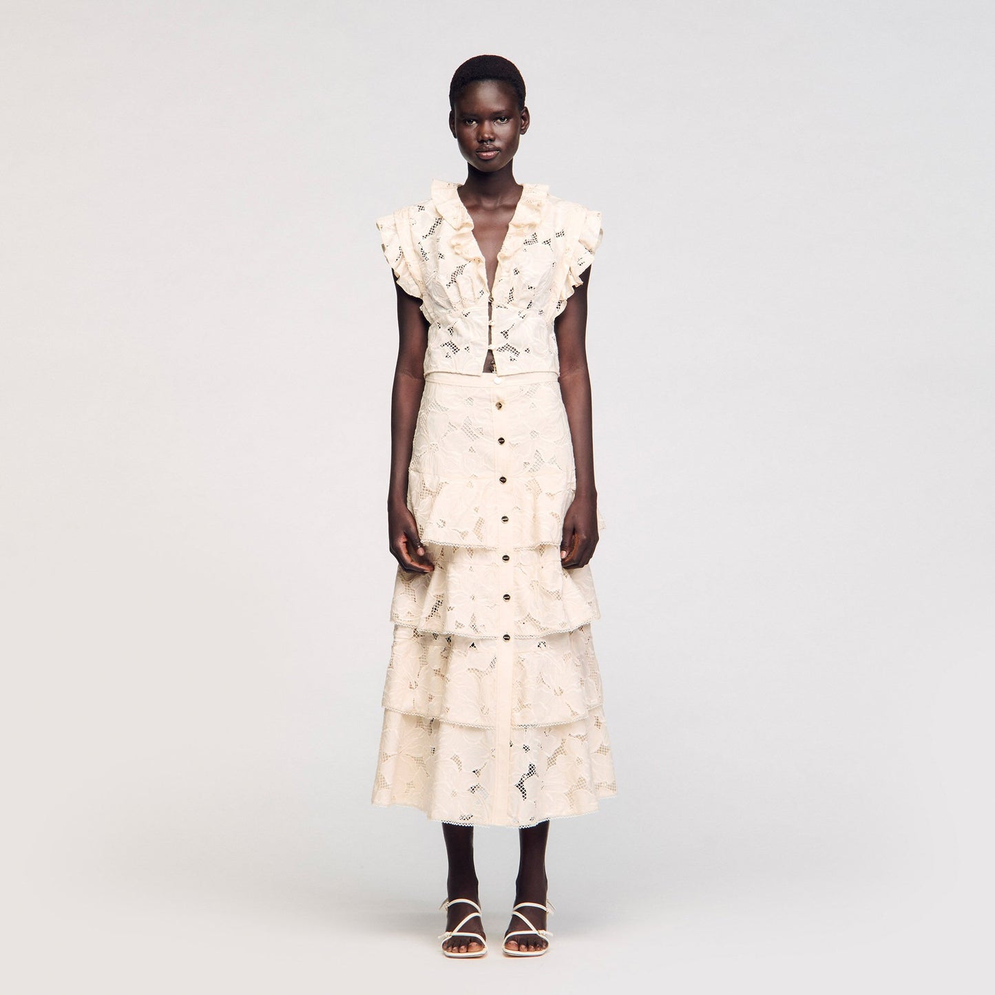 Sandro Maxi frilled skirt Ecru