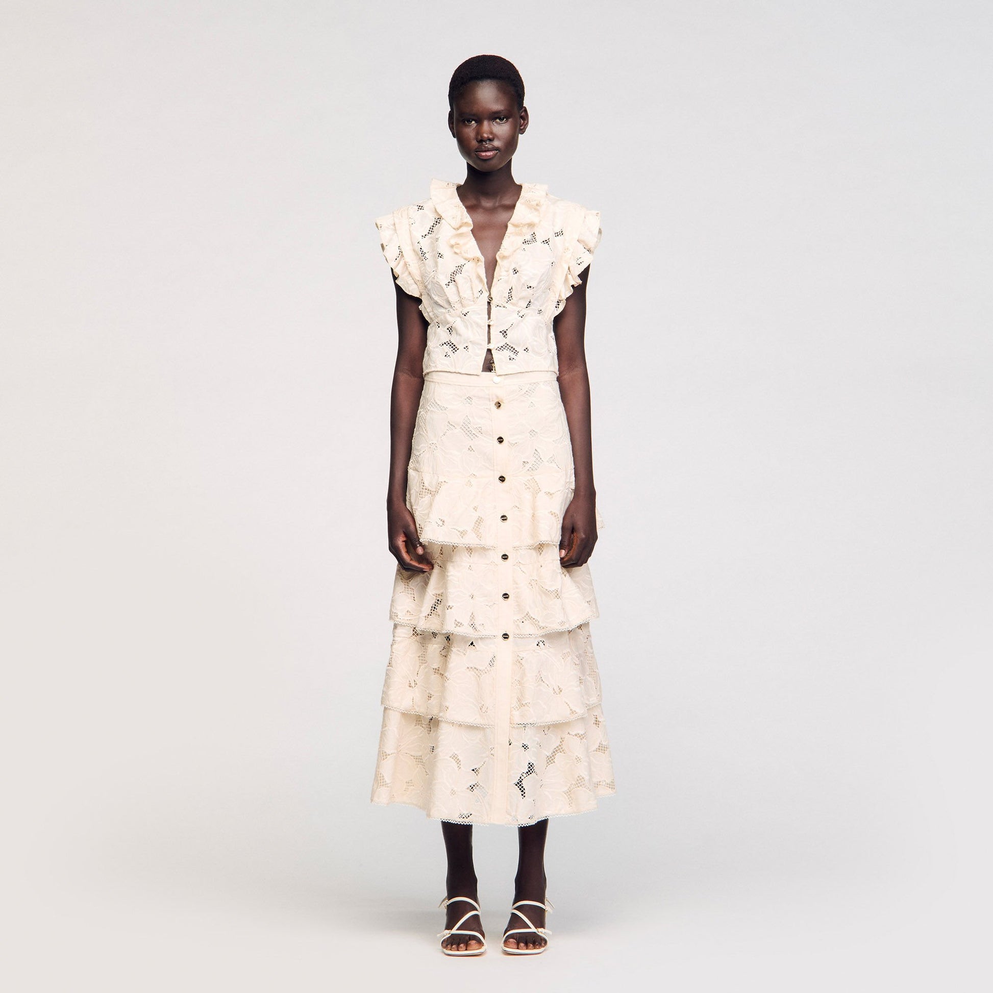 Sandro Maxi frilled skirt Ecru
