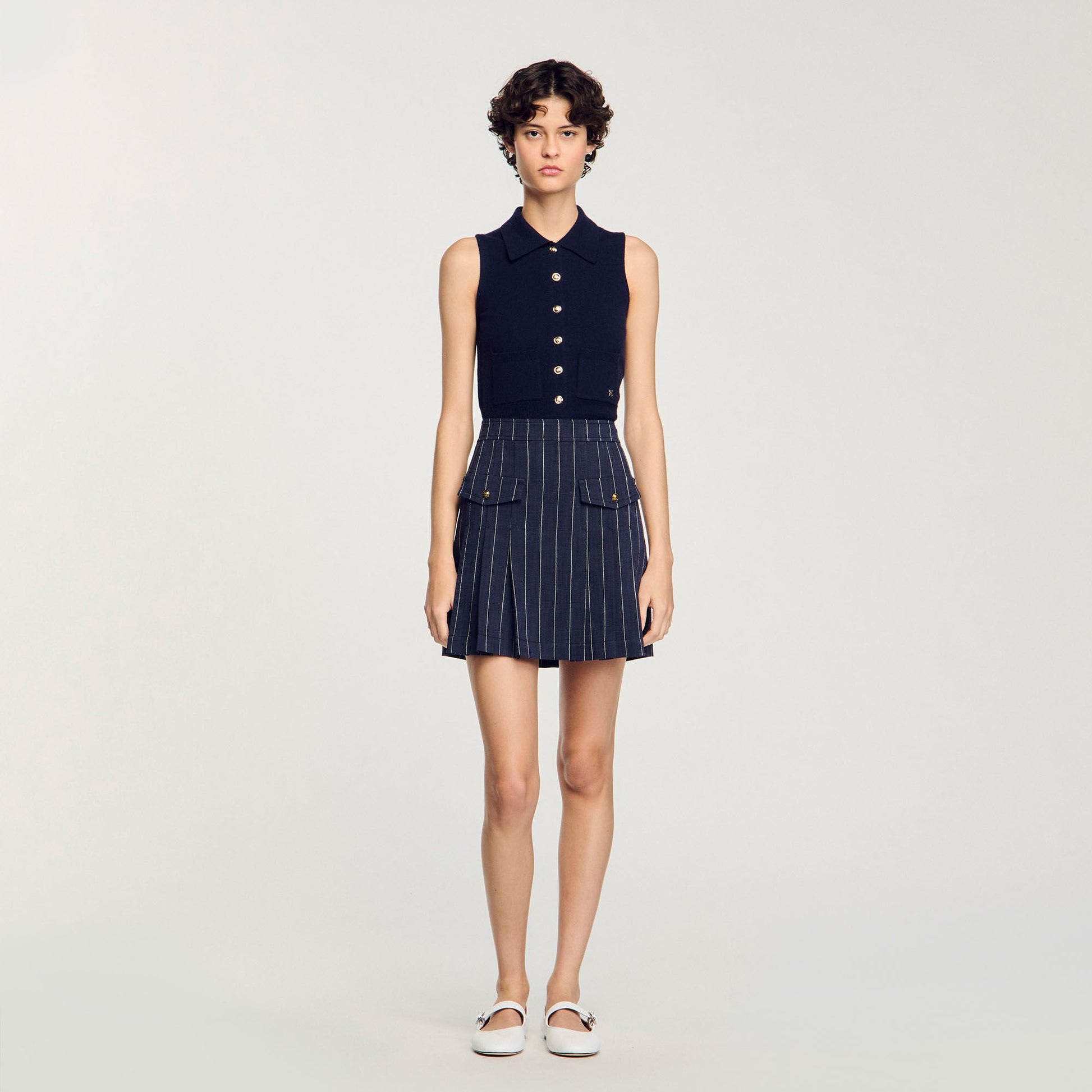 Sandro Mini striped pleated skirt Navy / Ecru
