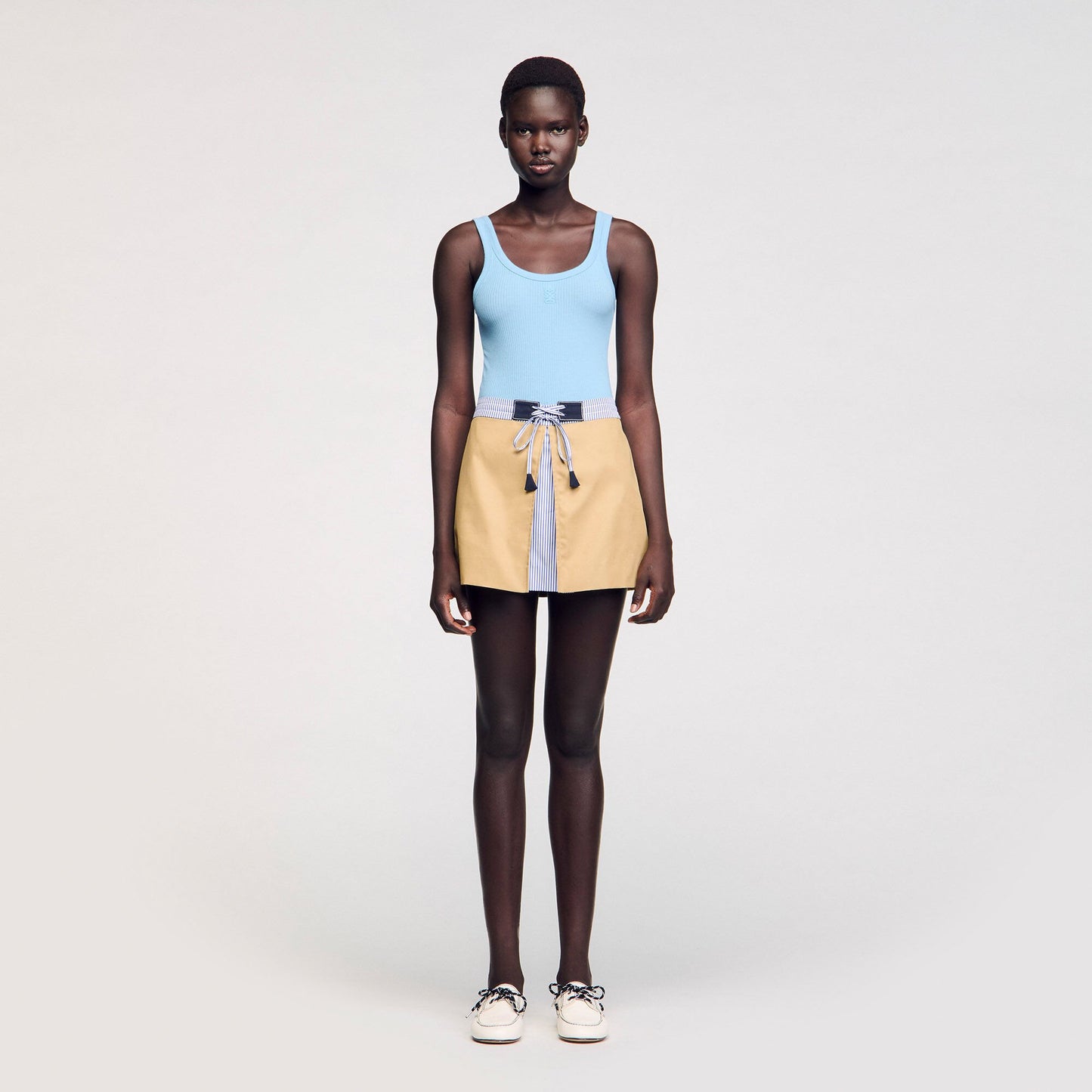 Sandro Mini dual-material skirt Beige