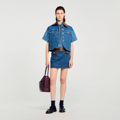 Sandro Mini denim and leather skirt Dark Blue