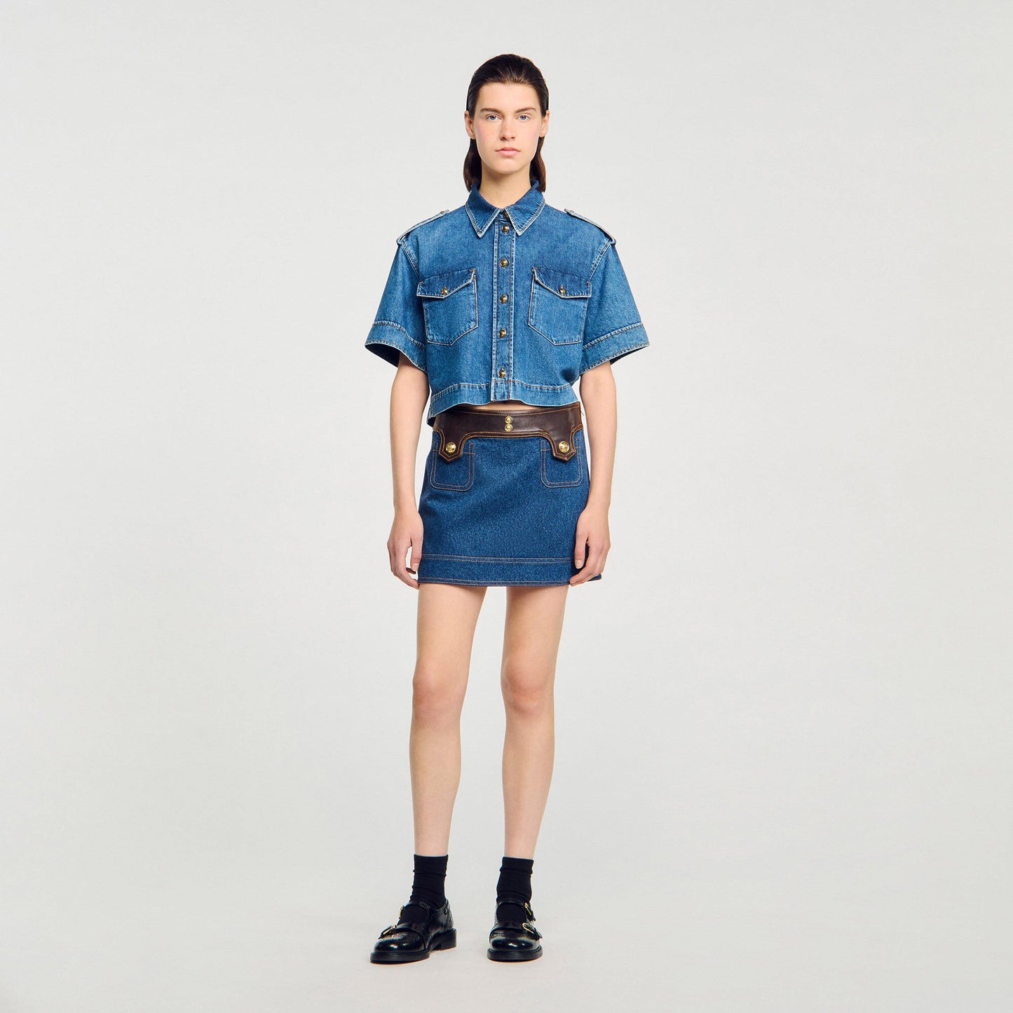 Sandro Mini denim and leather skirt Dark Blue