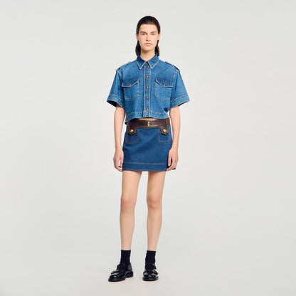 Sandro Mini denim and leather skirt Dark Blue