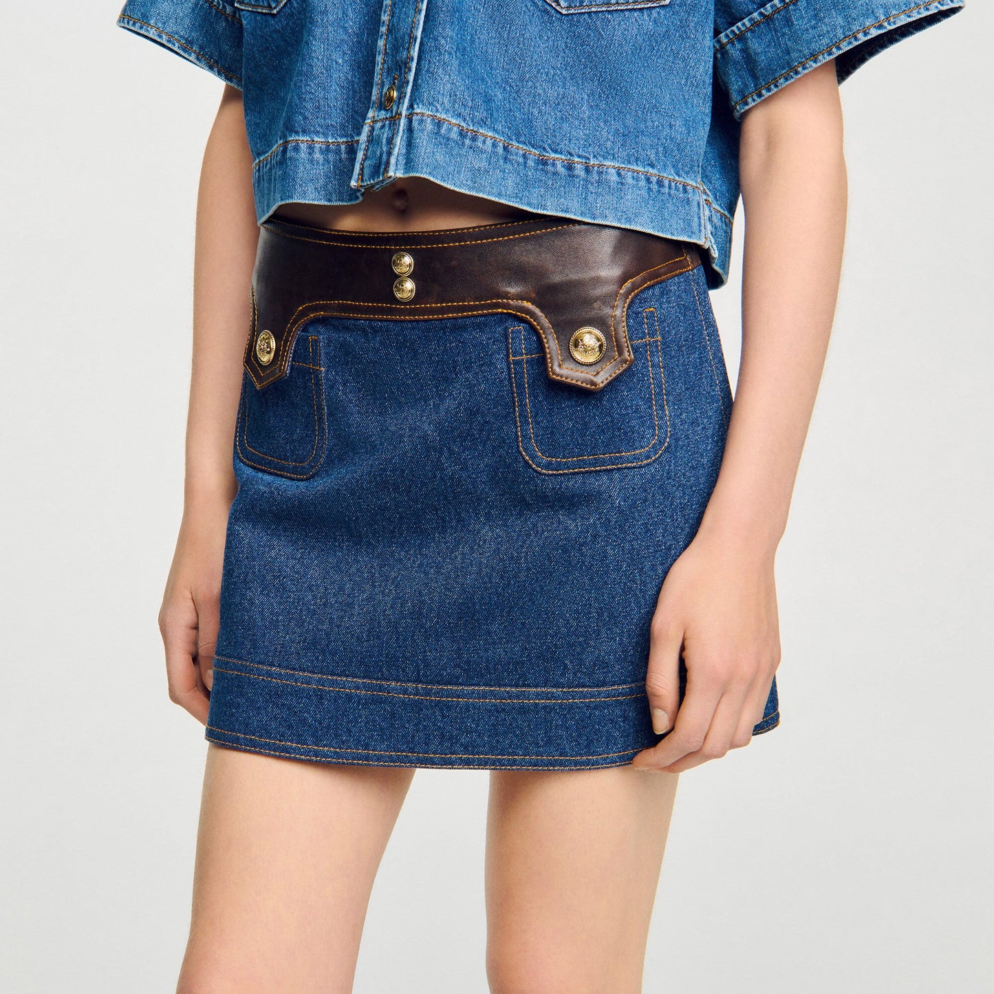 Sandro Mini denim and leather skirt Dark Blue