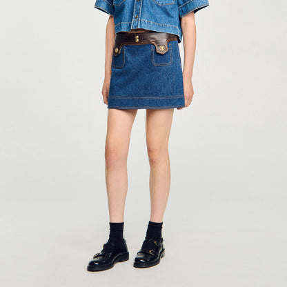 Sandro Mini denim and leather skirt Dark Blue