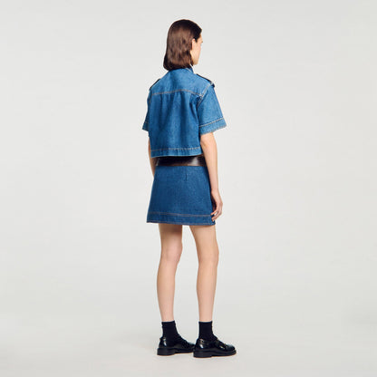 Sandro Mini denim and leather skirt Dark Blue