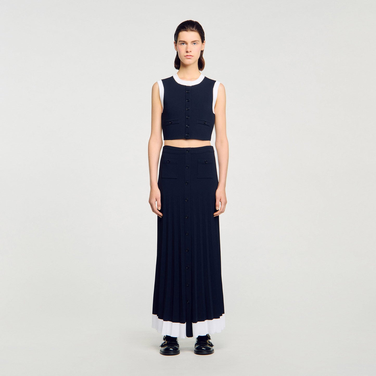 Sandro Maxi two-tone knit skirt Navy Blue