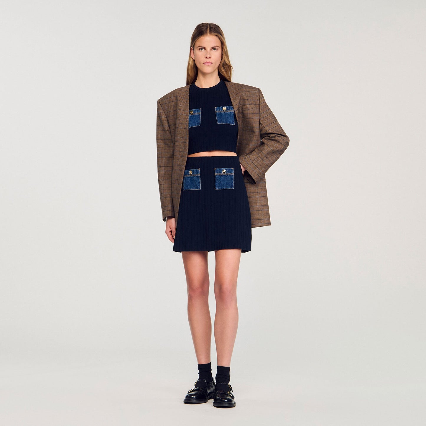 Sandro Mini knit and denim skirt Navy Blue